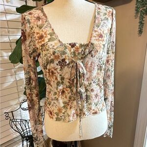 Promesa Floral Tie-Front Blouse in Cream, Green & Pink